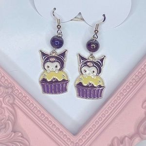 Kuromi Cupcake Drop Earrings with Iridescent Purple Beads